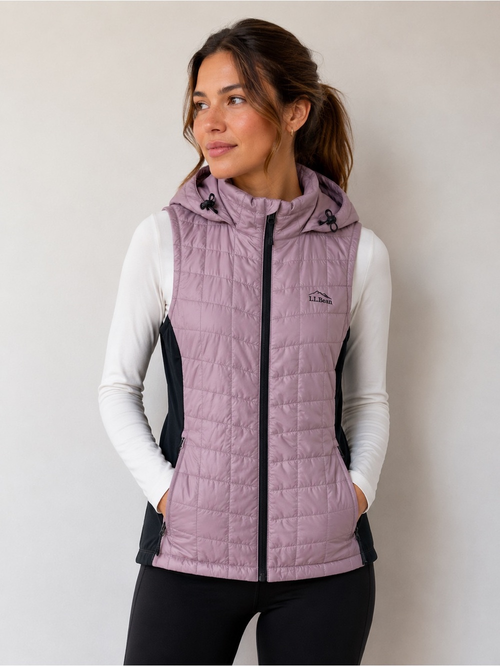 L.L.Bean PrimaLoft Hooded Vest Small Pink/mauve Black Insulated Full Zip Puffer
